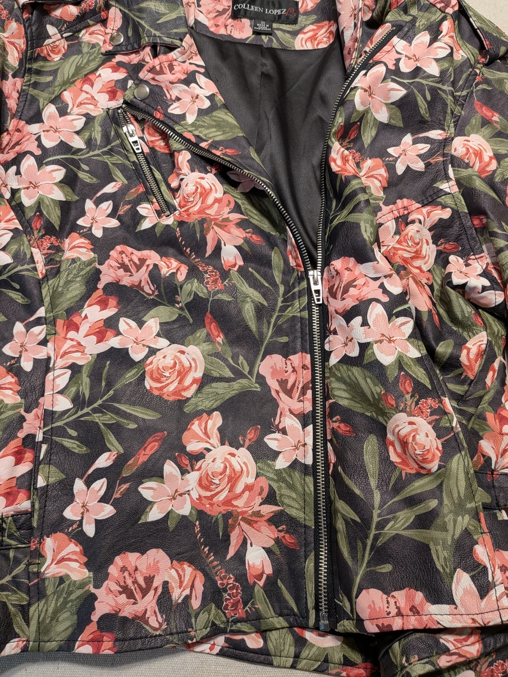 Floral Faux Leather Moto Jacket Pink Rose Edgy Fall - Picture 5 of 14